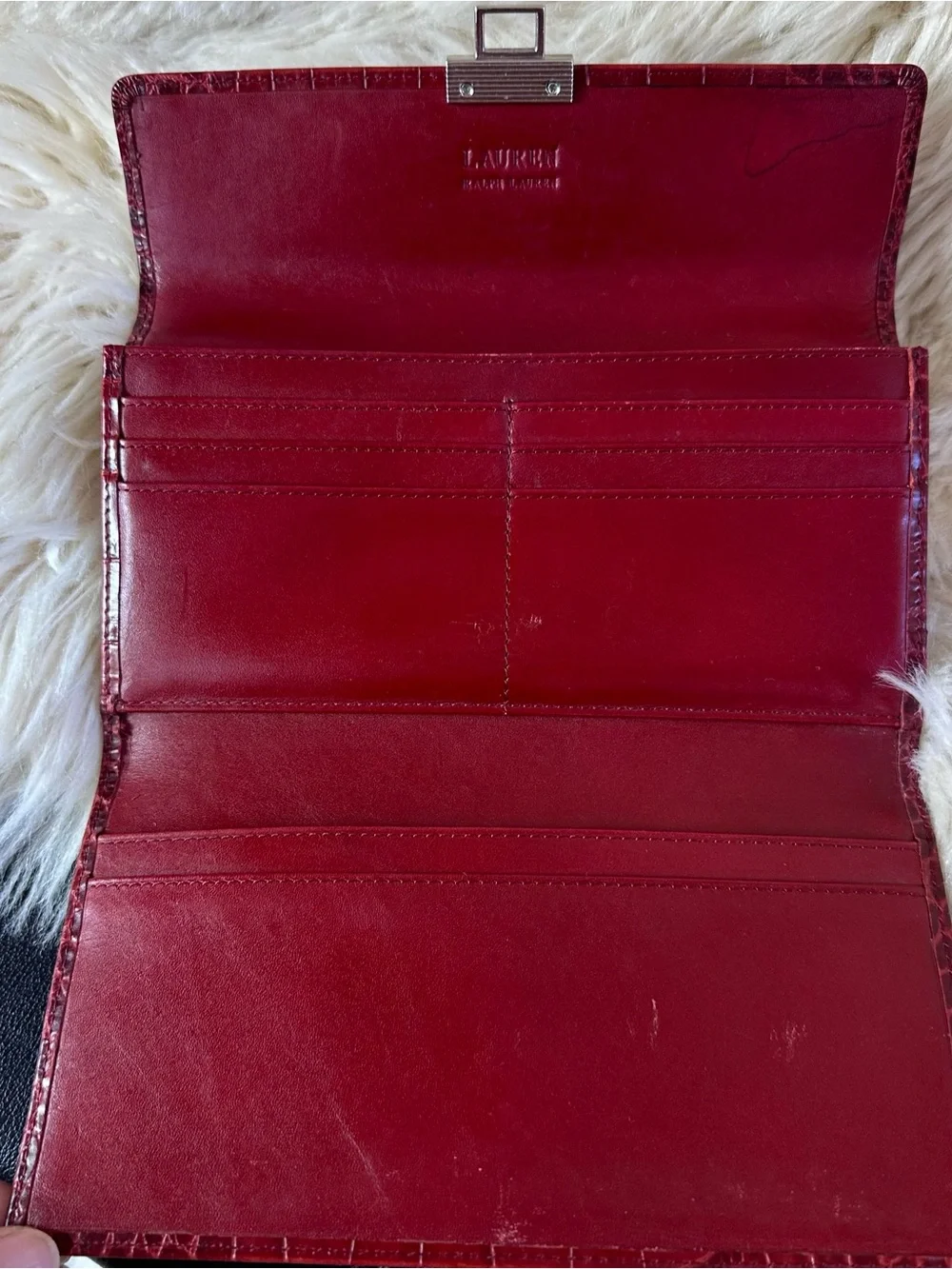 Lauren Ralph Lauren Burgundy Croc-Embossed Wallet with Silver Logo